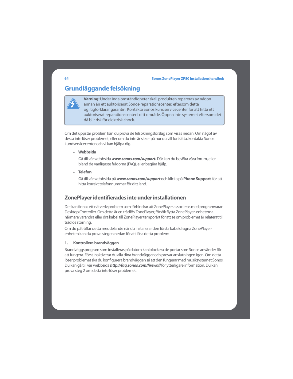 Grundläggande felsökning | Sonos ZonePlayer ZP80 User Manual | Page 68 / 128