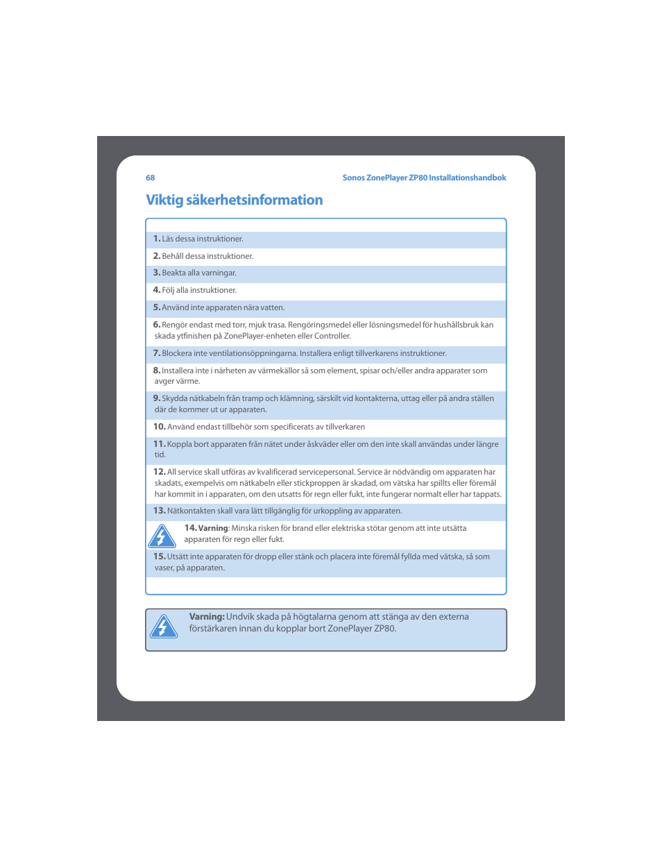 Viktig säkerhetsinformation | Sonos ZonePlayer ZP80 User Manual | Page 72 / 128