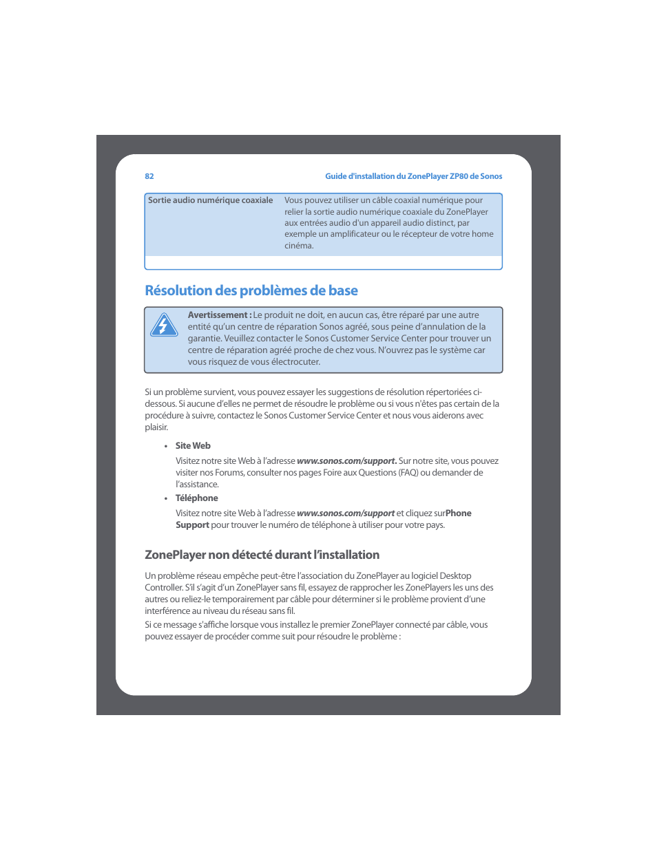 Résolution des problèmes de base, Zoneplayer non détecté durant l’installation | Sonos ZonePlayer ZP80 User Manual | Page 86 / 128