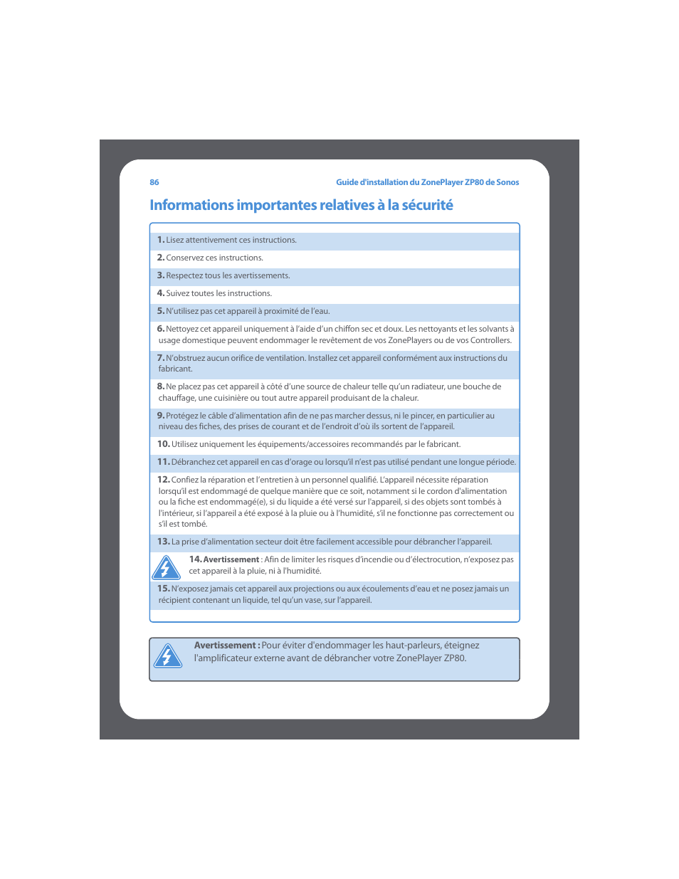 Informations importantes relatives à la sécurité | Sonos ZonePlayer ZP80 User Manual | Page 90 / 128