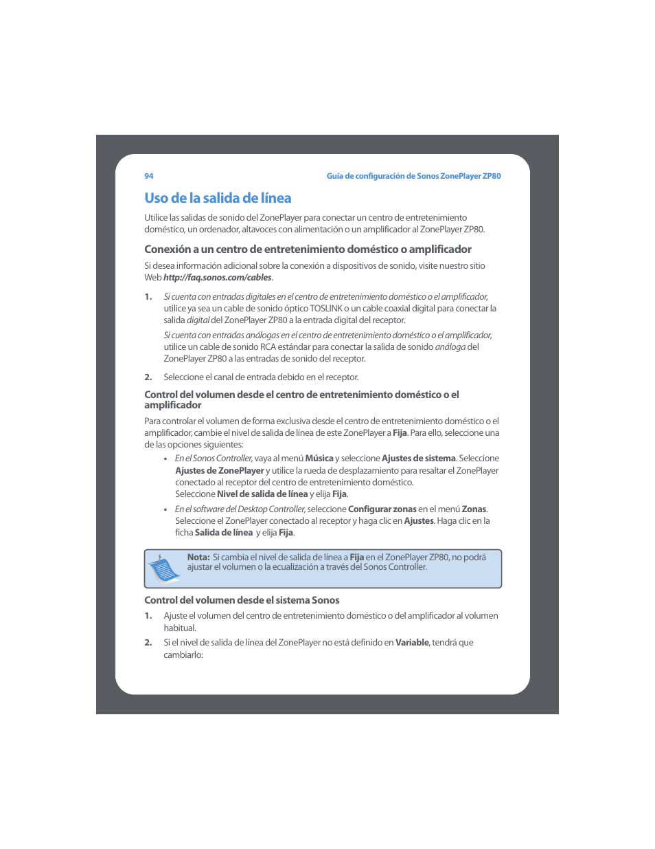 Uso de la salida de línea | Sonos ZonePlayer ZP80 User Manual | Page 98 / 128