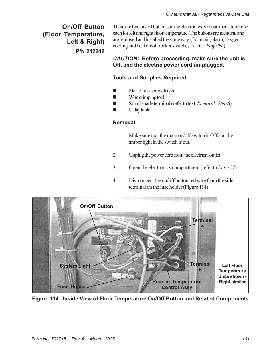 On/off button (floor temperature, left & right) | Suburban Mfg REGAL INTENSIVE CARE UNIT 12019-01-NGFREP User Manual | Page 113 / 184