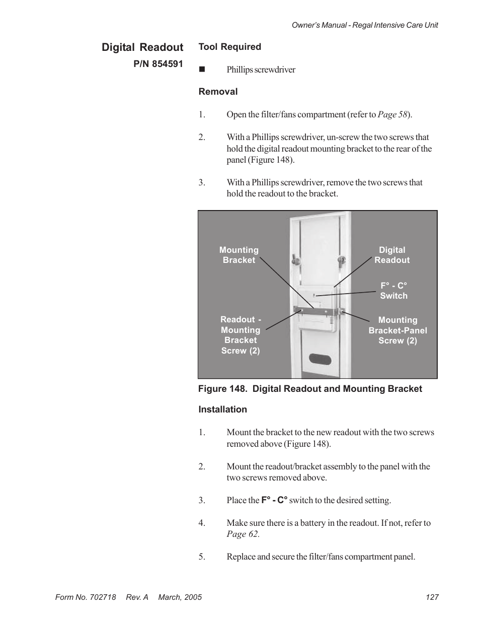 Digital readout | Suburban Mfg REGAL INTENSIVE CARE UNIT 12019-01-NGFREP User Manual | Page 139 / 184