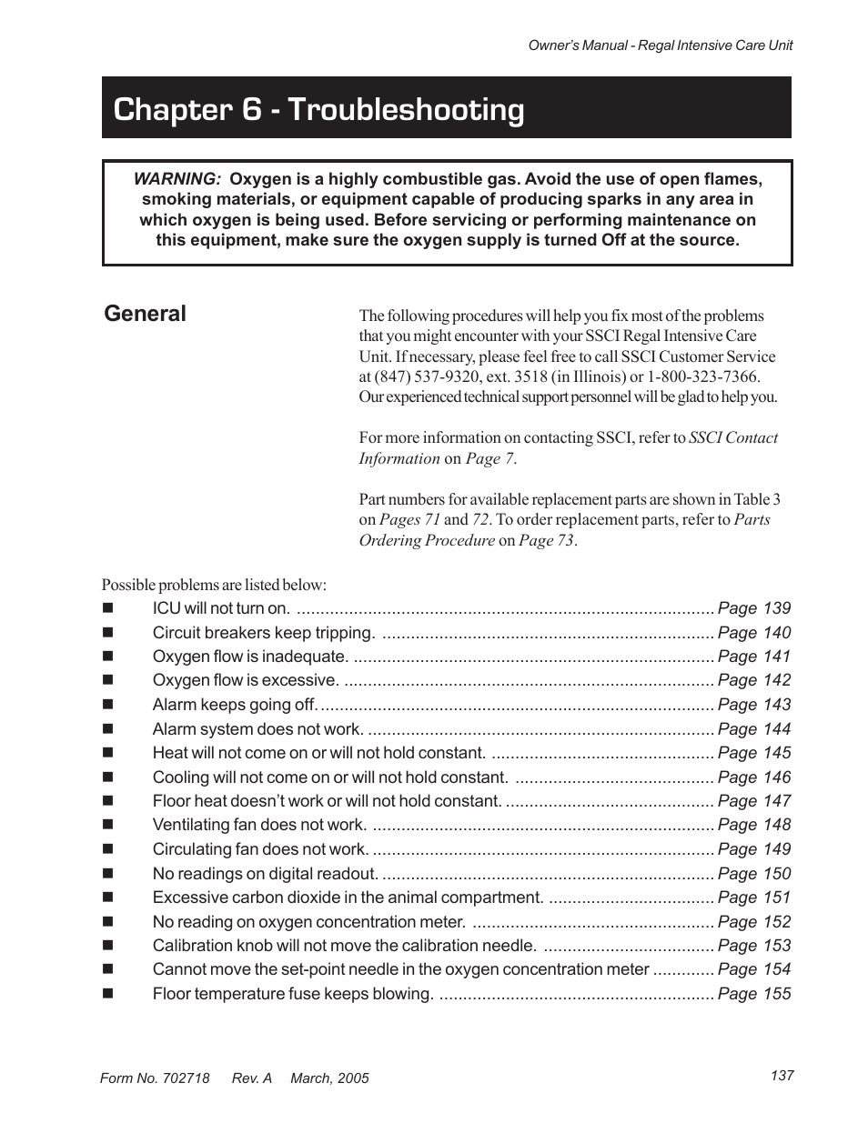 Chapter 6 - troubleshooting, General | Suburban Mfg REGAL INTENSIVE CARE UNIT 12019-01-NGFREP User Manual | Page 149 / 184