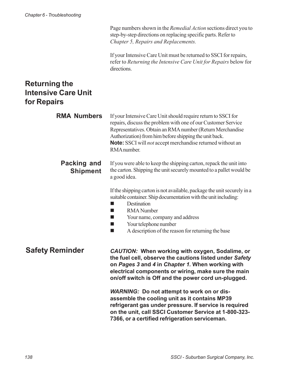 Returning the intensive care unit for repairs, Safety reminder | Suburban Mfg REGAL INTENSIVE CARE UNIT 12019-01-NGFREP User Manual | Page 150 / 184