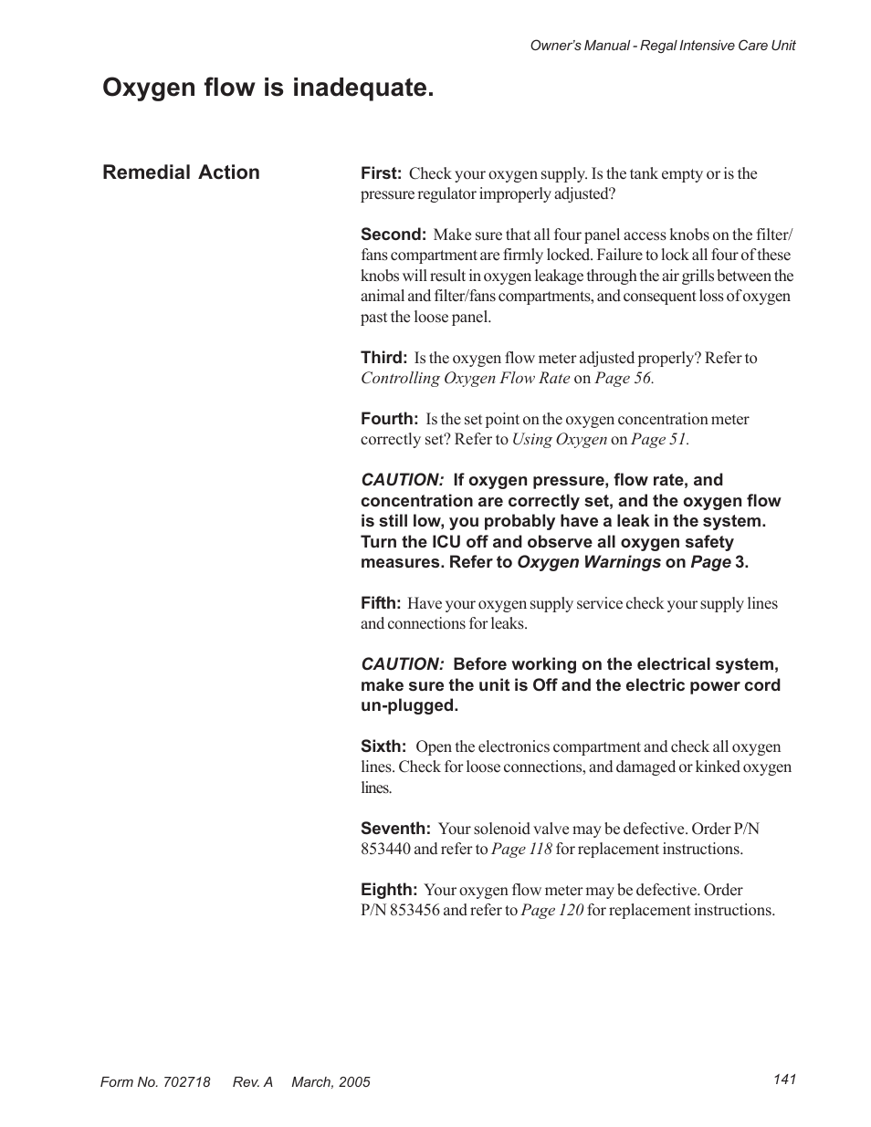 Oxygen flow is inadequate | Suburban Mfg REGAL INTENSIVE CARE UNIT 12019-01-NGFREP User Manual | Page 153 / 184
