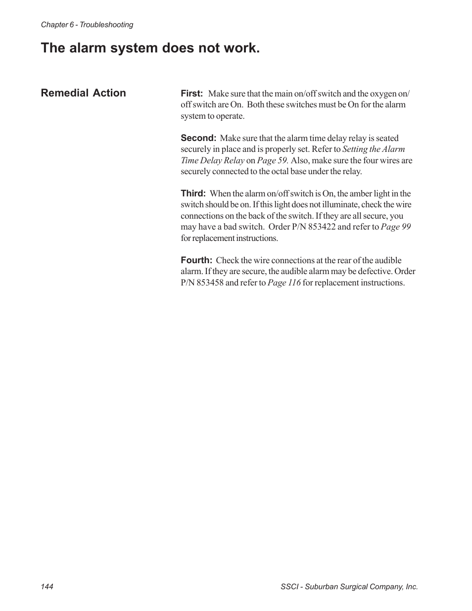 The alarm system does not work | Suburban Mfg REGAL INTENSIVE CARE UNIT 12019-01-NGFREP User Manual | Page 156 / 184