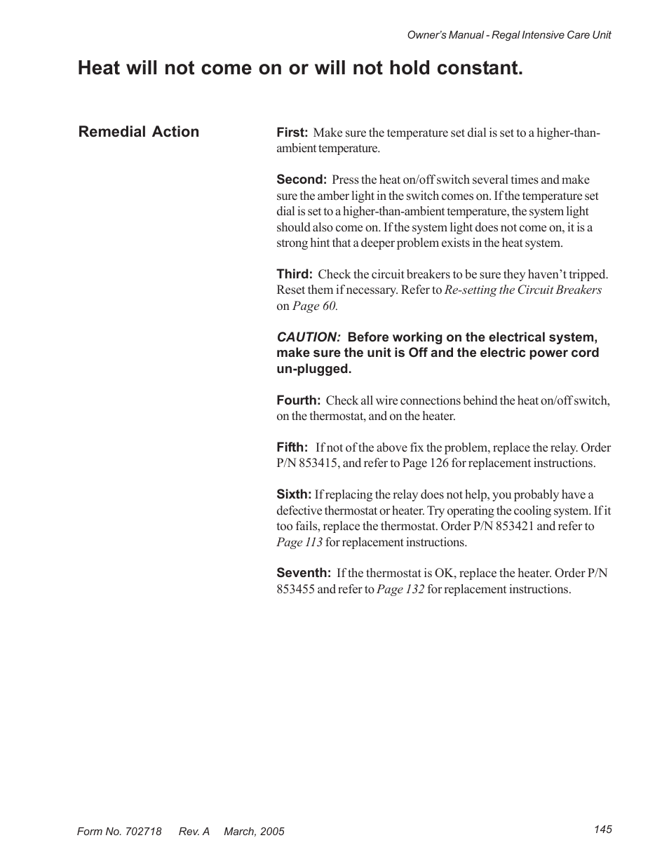 Heat will not come on or will not hold constant | Suburban Mfg REGAL INTENSIVE CARE UNIT 12019-01-NGFREP User Manual | Page 157 / 184