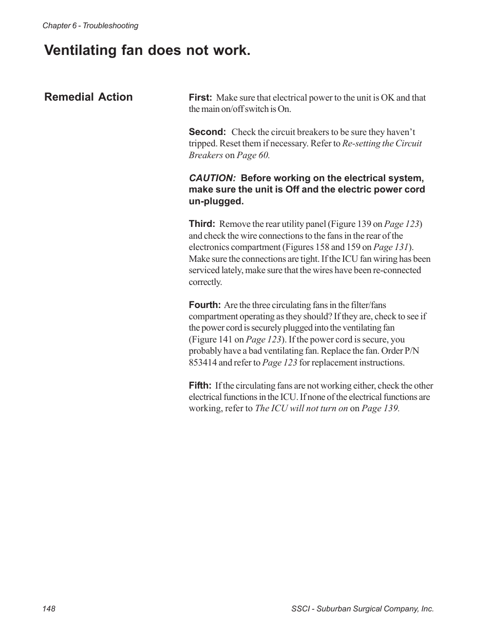 Ventilating fan does not work | Suburban Mfg REGAL INTENSIVE CARE UNIT 12019-01-NGFREP User Manual | Page 160 / 184