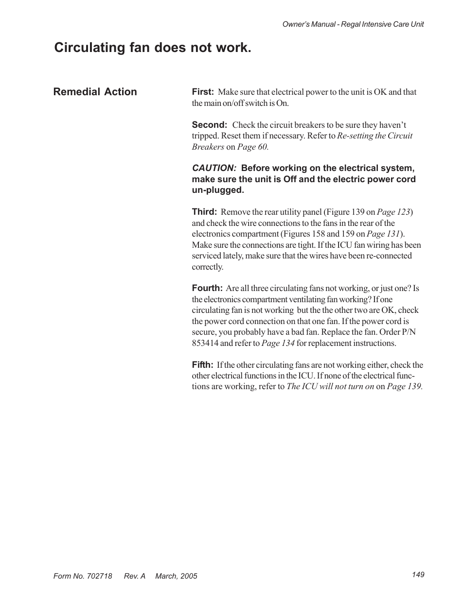 Circulating fan does not work | Suburban Mfg REGAL INTENSIVE CARE UNIT 12019-01-NGFREP User Manual | Page 161 / 184