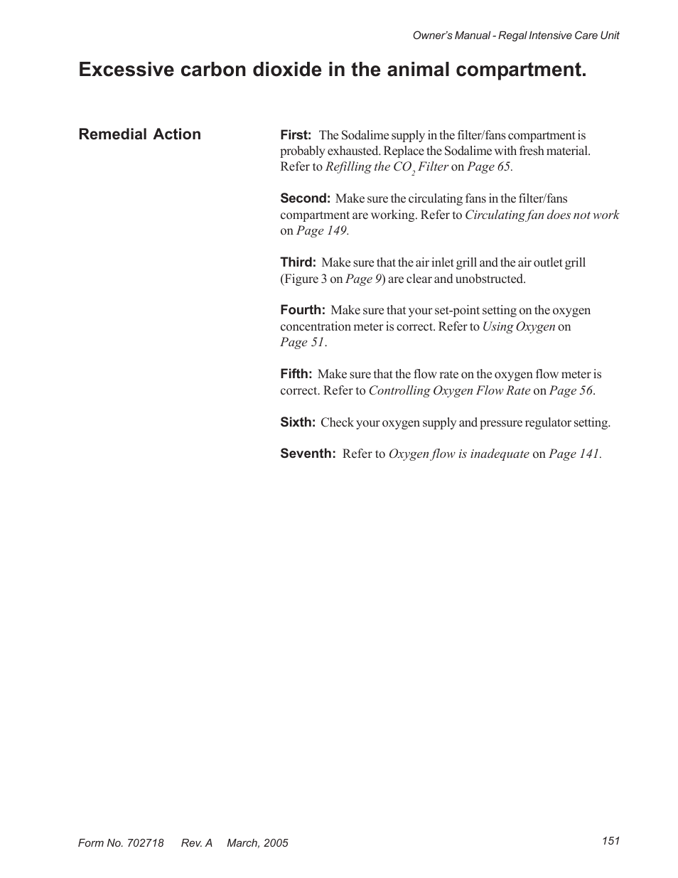 Excessive carbon dioxide in the animal compartment | Suburban Mfg REGAL INTENSIVE CARE UNIT 12019-01-NGFREP User Manual | Page 163 / 184