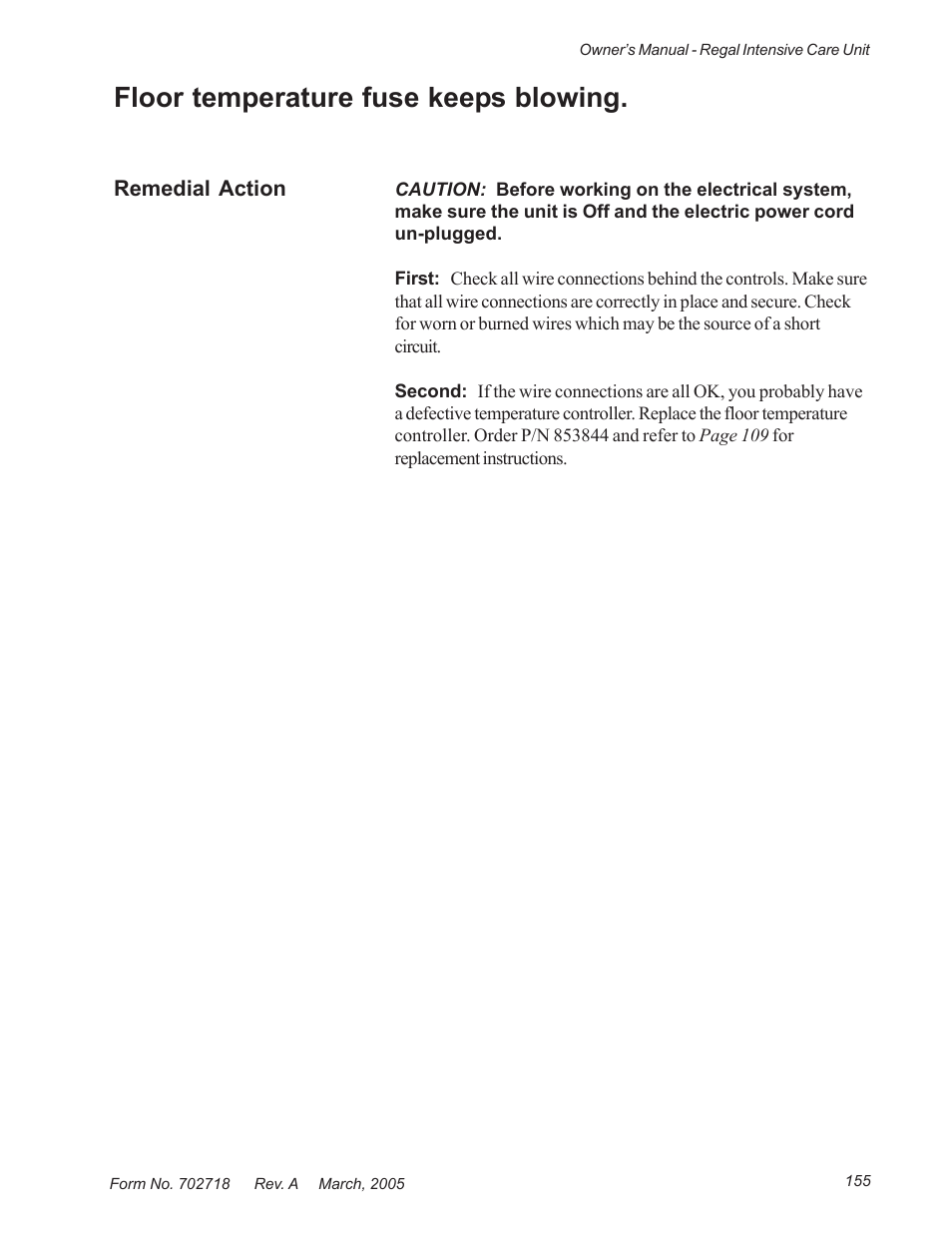 Floor temperature fuse keeps blowing | Suburban Mfg REGAL INTENSIVE CARE UNIT 12019-01-NGFREP User Manual | Page 167 / 184