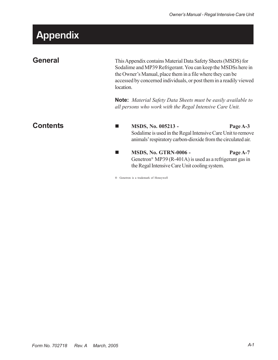 Appendix, General contents | Suburban Mfg REGAL INTENSIVE CARE UNIT 12019-01-NGFREP User Manual | Page 169 / 184