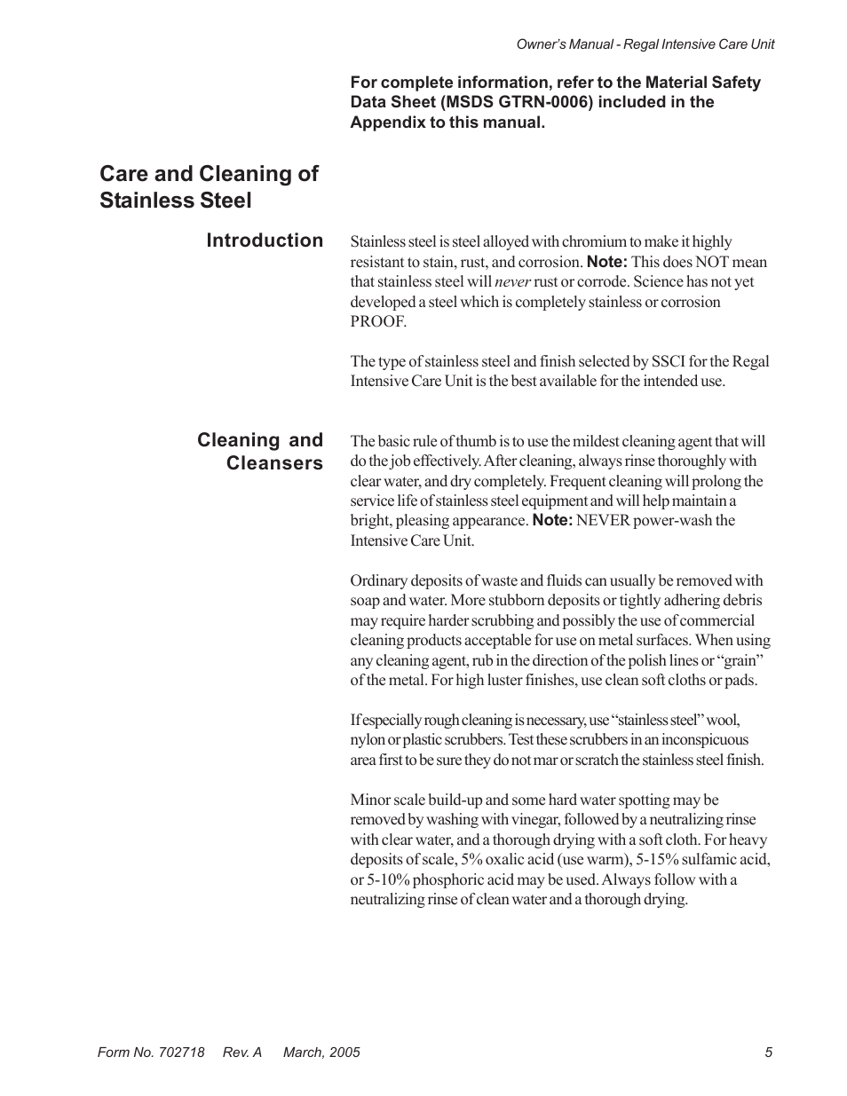 Care and cleaning of stainless steel | Suburban Mfg REGAL INTENSIVE CARE UNIT 12019-01-NGFREP User Manual | Page 17 / 184