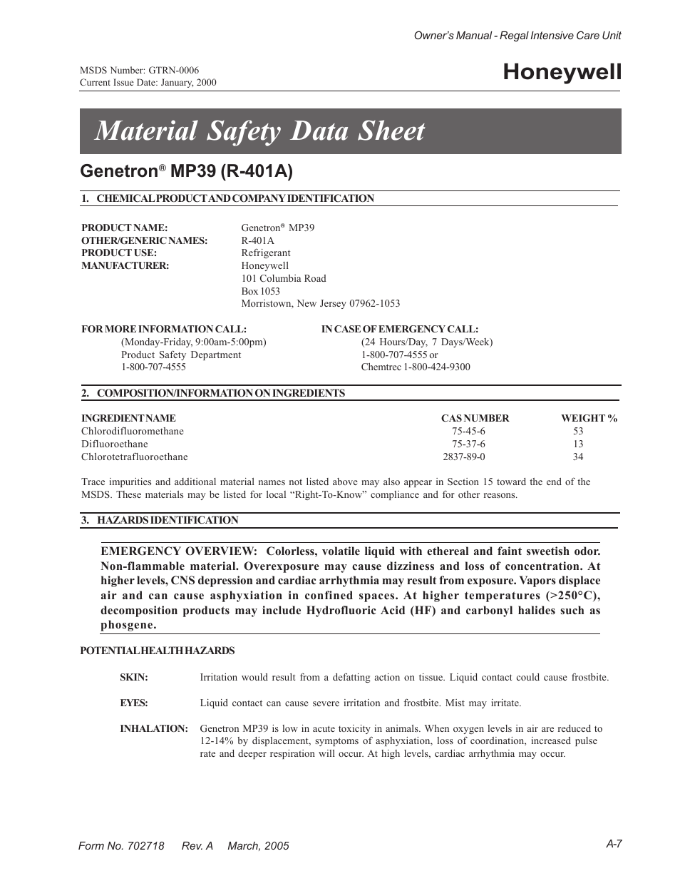 Material safety data sheet, Honeywell, Genetron | Suburban Mfg REGAL INTENSIVE CARE UNIT 12019-01-NGFREP User Manual | Page 175 / 184