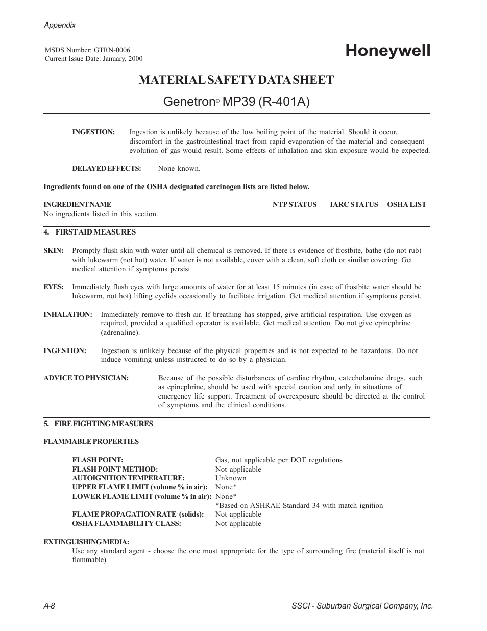 Honeywell, Material safety data sheet genetron | Suburban Mfg REGAL INTENSIVE CARE UNIT 12019-01-NGFREP User Manual | Page 176 / 184