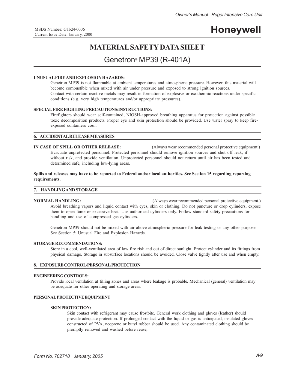 Honeywell, Material safety data sheet genetron | Suburban Mfg REGAL INTENSIVE CARE UNIT 12019-01-NGFREP User Manual | Page 177 / 184