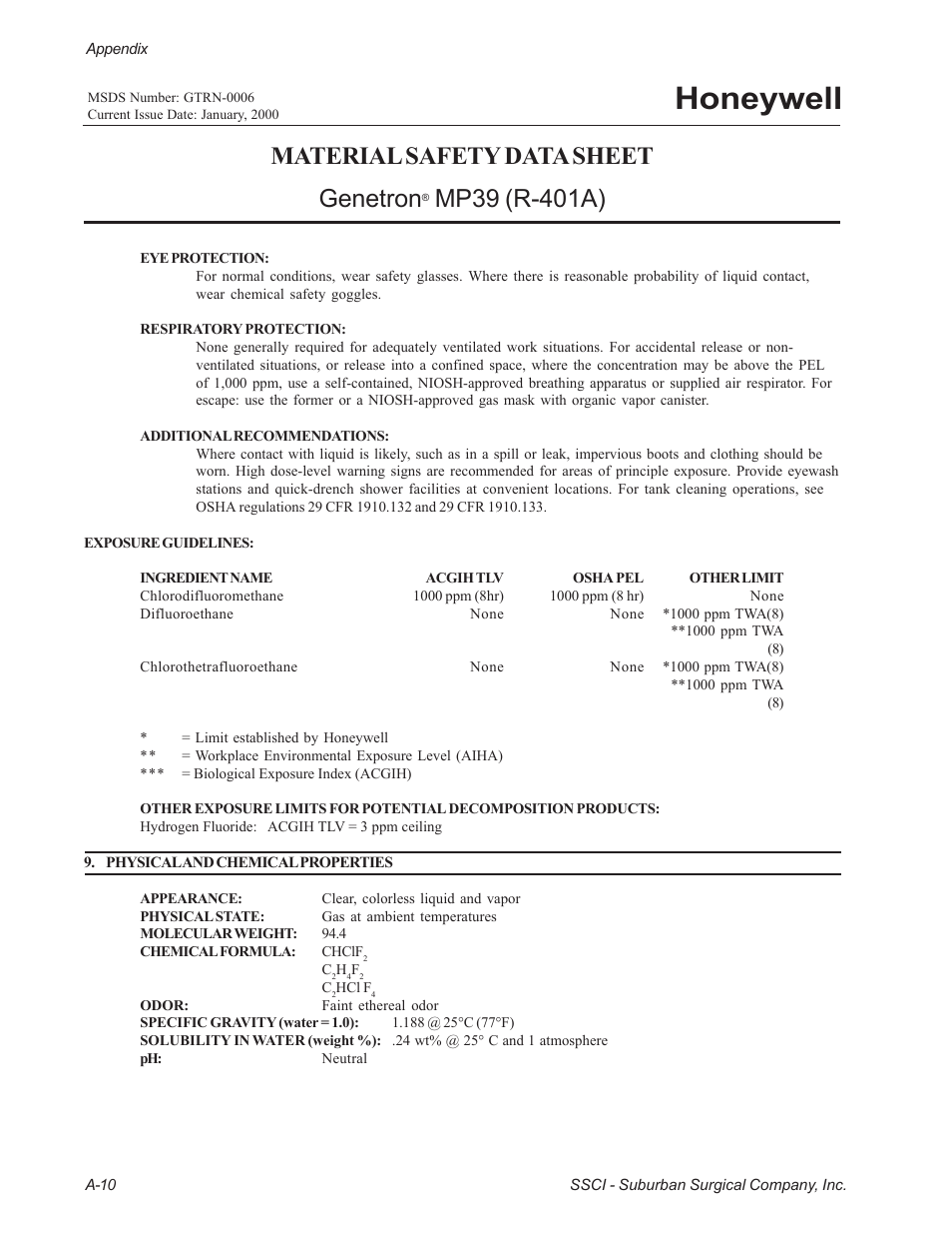 Honeywell, Material safety data sheet genetron | Suburban Mfg REGAL INTENSIVE CARE UNIT 12019-01-NGFREP User Manual | Page 178 / 184