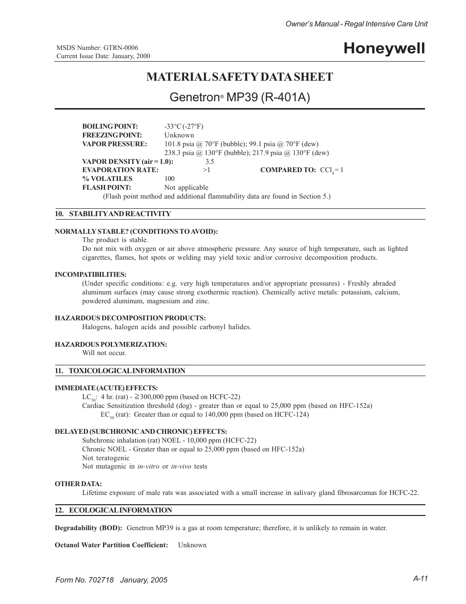 Honeywell, Material safety data sheet genetron | Suburban Mfg REGAL INTENSIVE CARE UNIT 12019-01-NGFREP User Manual | Page 179 / 184