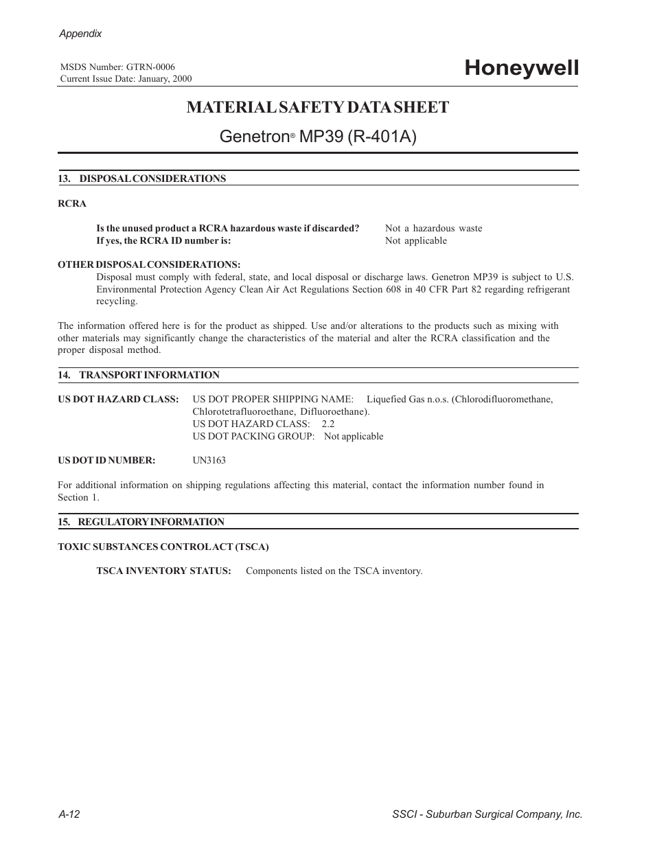 Honeywell, Material safety data sheet genetron | Suburban Mfg REGAL INTENSIVE CARE UNIT 12019-01-NGFREP User Manual | Page 180 / 184