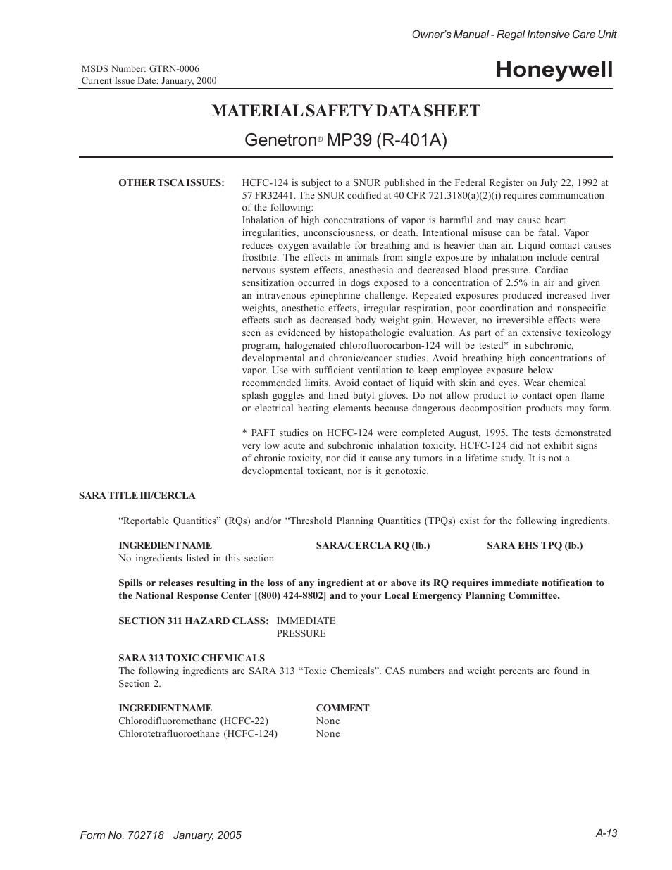 Honeywell, Material safety data sheet genetron | Suburban Mfg REGAL INTENSIVE CARE UNIT 12019-01-NGFREP User Manual | Page 181 / 184