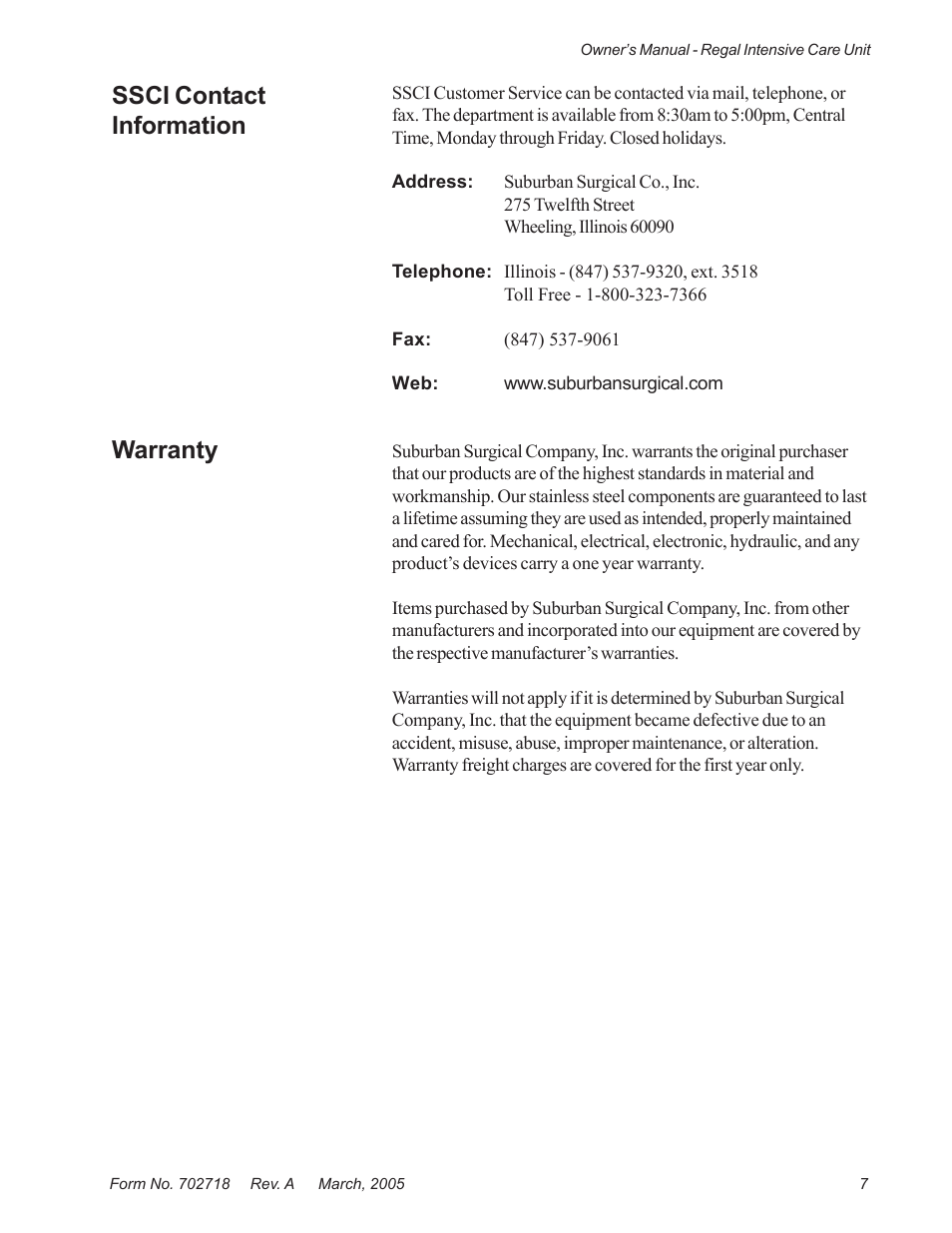 Ssci contact information, Warranty | Suburban Mfg REGAL INTENSIVE CARE UNIT 12019-01-NGFREP User Manual | Page 19 / 184