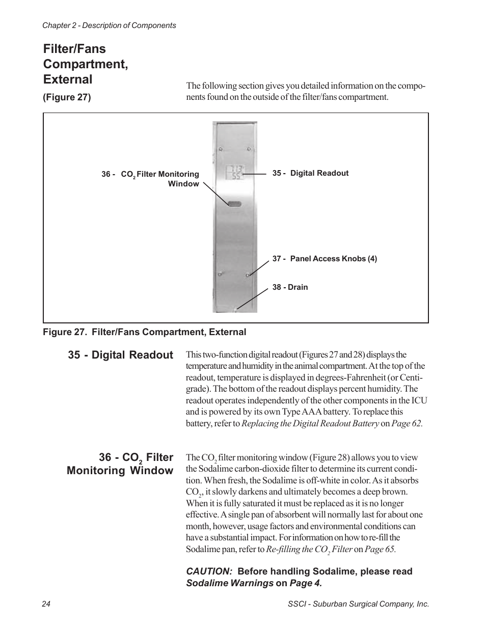 Filter/fans compartment, external, 35 - digital readout, 36 - co | Filter monitoring window | Suburban Mfg REGAL INTENSIVE CARE UNIT 12019-01-NGFREP User Manual | Page 36 / 184