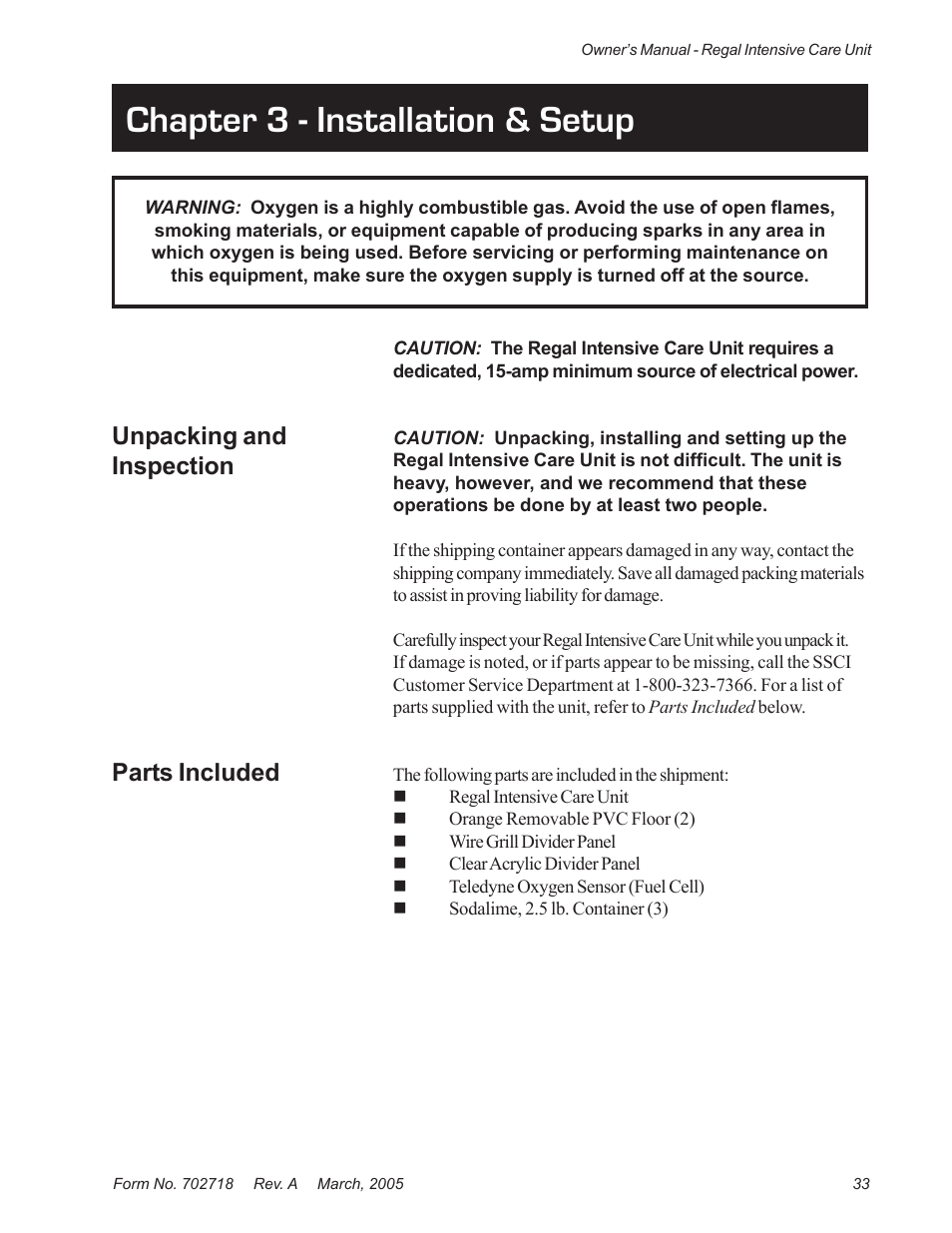 Chapter 3 - installation & setup, Unpacking and inspection, Parts included | Suburban Mfg REGAL INTENSIVE CARE UNIT 12019-01-NGFREP User Manual | Page 45 / 184