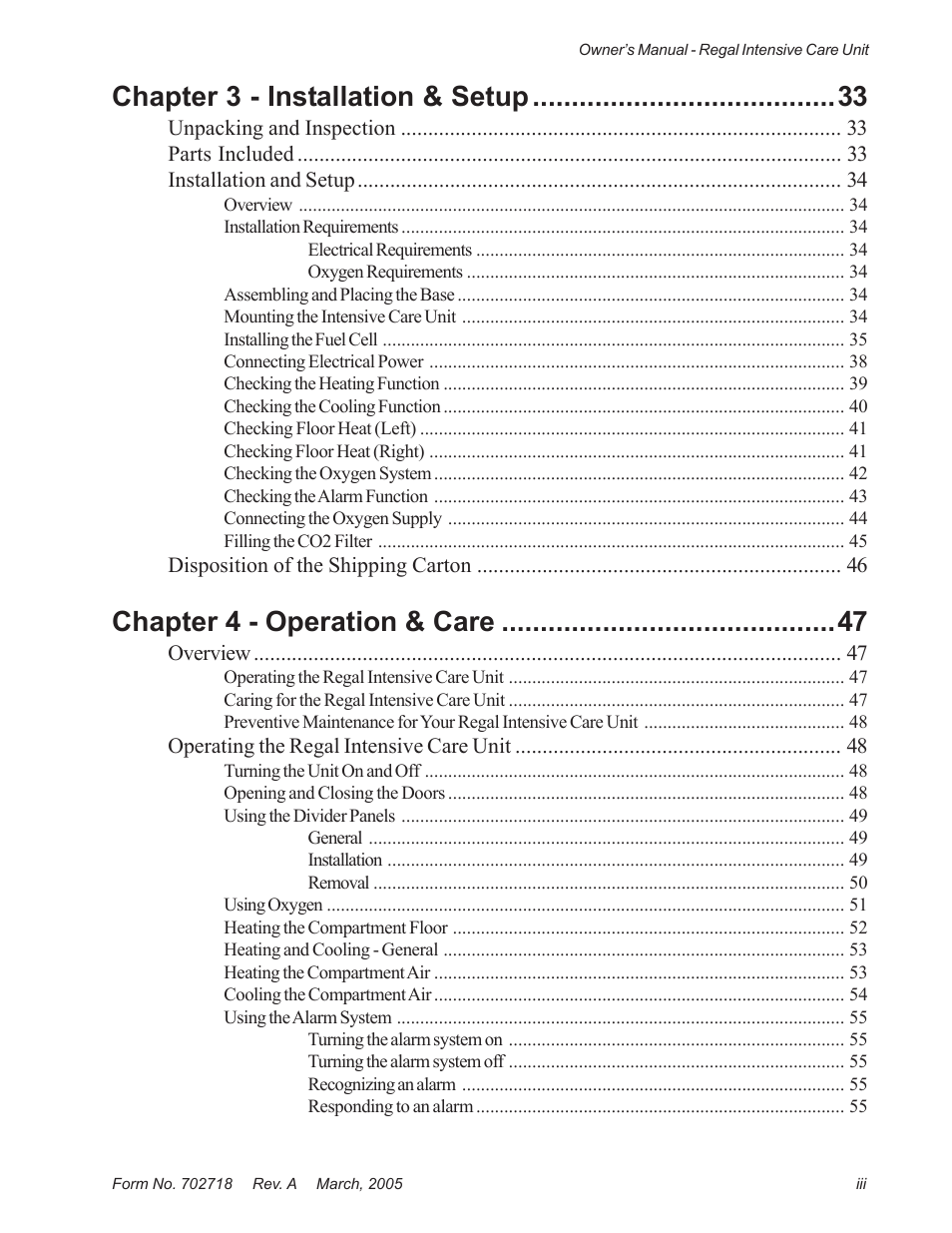 Chapter 3 - installation & setup, Chapter 4 - operation & care | Suburban Mfg REGAL INTENSIVE CARE UNIT 12019-01-NGFREP User Manual | Page 5 / 184