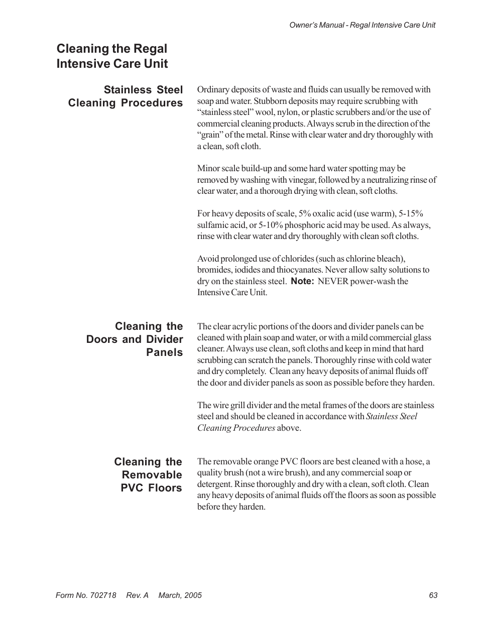 Cleaning the regal intensive care unit | Suburban Mfg REGAL INTENSIVE CARE UNIT 12019-01-NGFREP User Manual | Page 75 / 184