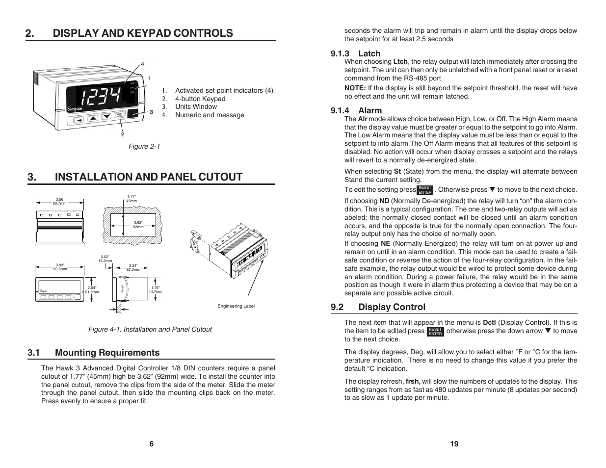Display and keypad controls, Installation and panel cutout, 1 mounting requirements | 2 display control, 3 latch, 4 alarm | Simpson Electric H340 User Manual | Page 6 / 12
