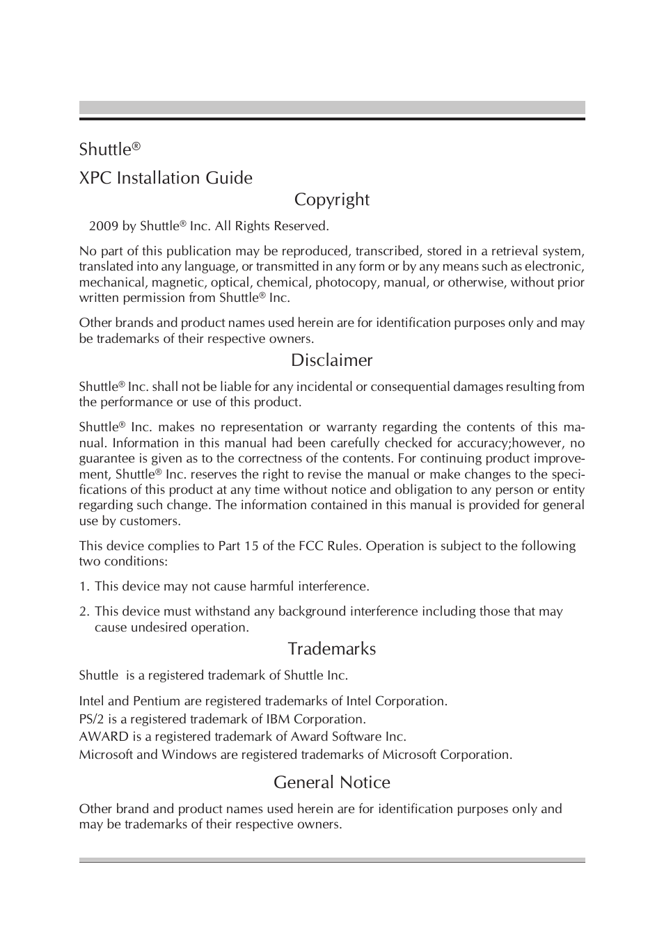 Shuttle® xpc installation guide copyright, Disclaimer, Trademarks | General notice | Shuttle Computer Group XPC SA76 User Manual | Page 2 / 26