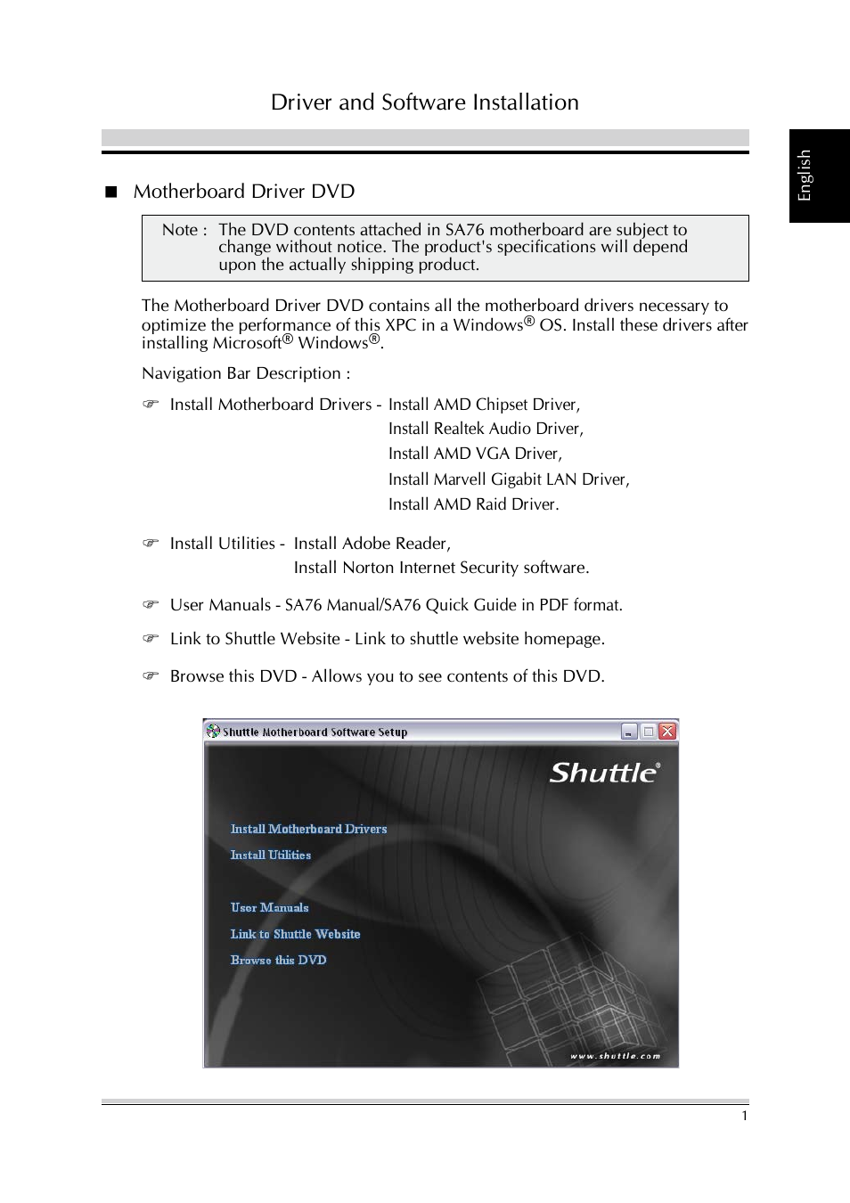Driver and software installation | Shuttle Computer Group XPC SA76 User Manual | Page 5 / 26