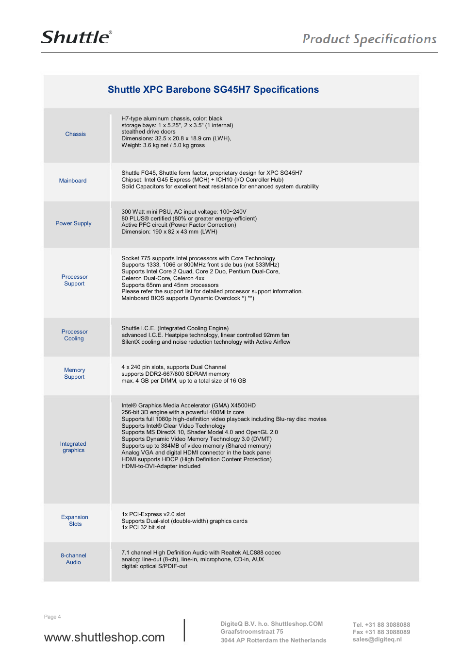 Shuttle xpc barebone sg45h7 specifications | Shuttle Computer Group Shuttle xxpc Barbone SG45H7 User Manual | Page 4 / 6