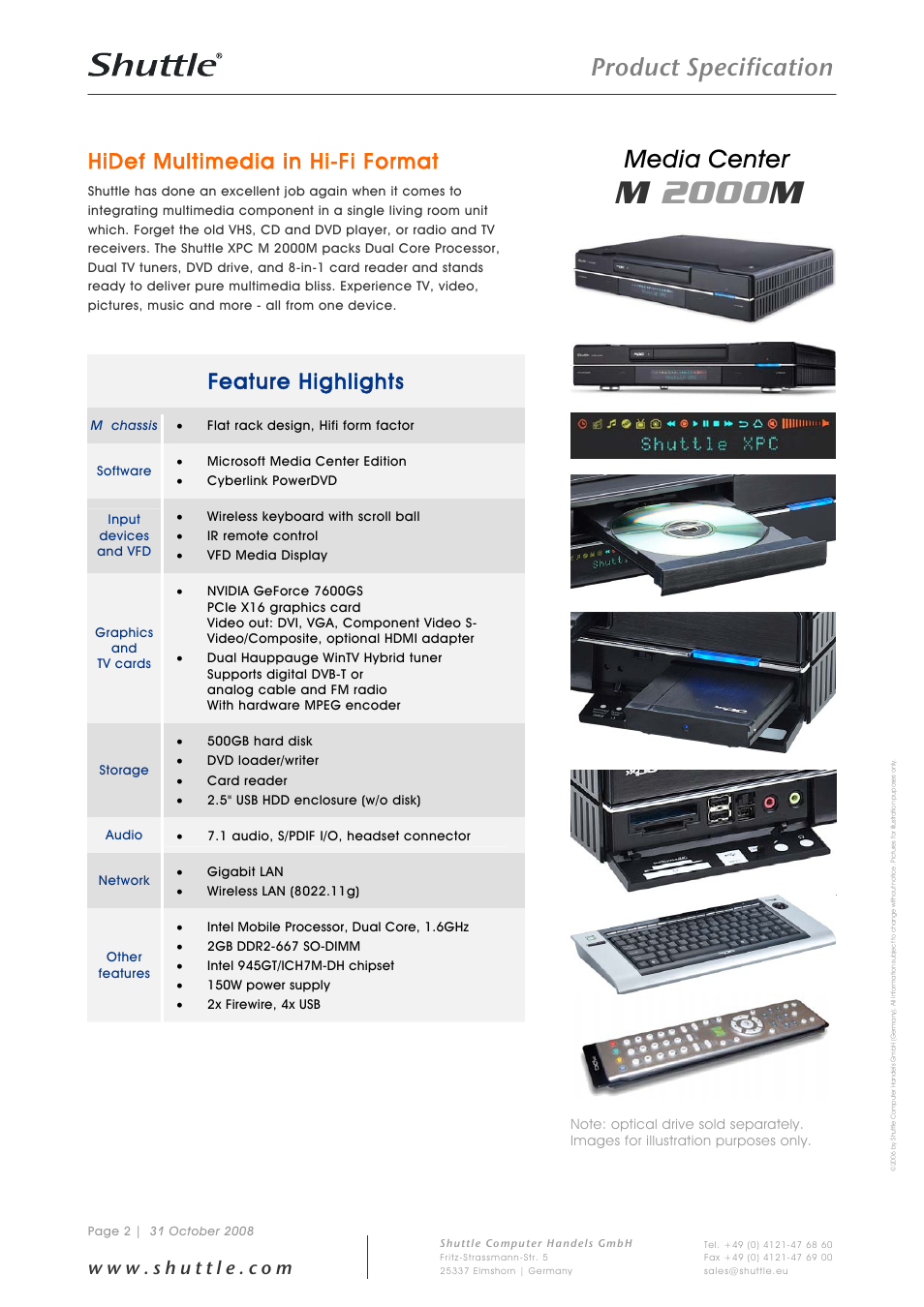 M2000 m, Product specification, Media center | Hidef multimedia in hi-fi format, Feature highlights | Shuttle Computer Group Shuttle Media Center M 2000M User Manual | Page 2 / 9