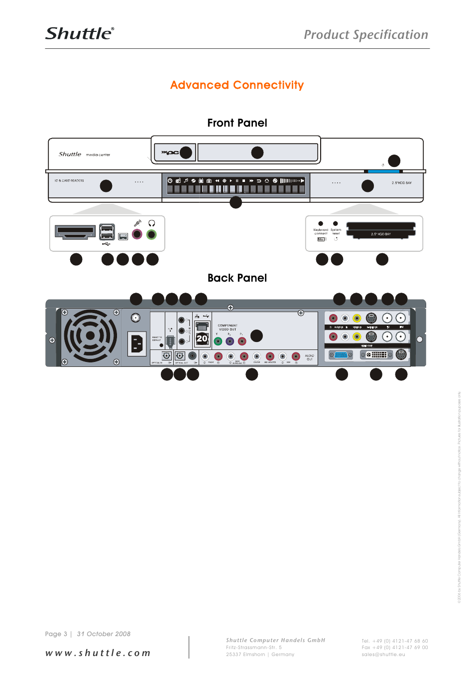 Product specification, Advanced connectivity, Front panel | Back panel | Shuttle Computer Group Shuttle Media Center M 2000M User Manual | Page 3 / 9