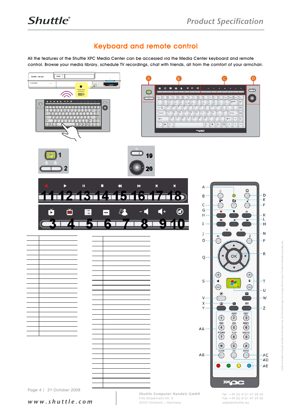 Ad b c, Product specification, Keyboard and remote control | Shuttle Computer Group Shuttle Media Center M 2000M User Manual | Page 4 / 9