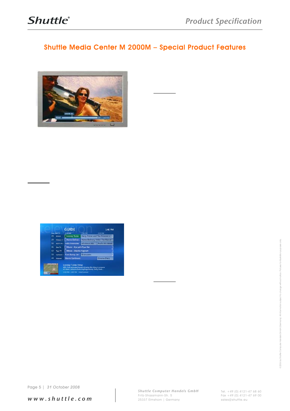 Product specification, Watch, Listen | Record | Shuttle Computer Group Shuttle Media Center M 2000M User Manual | Page 5 / 9