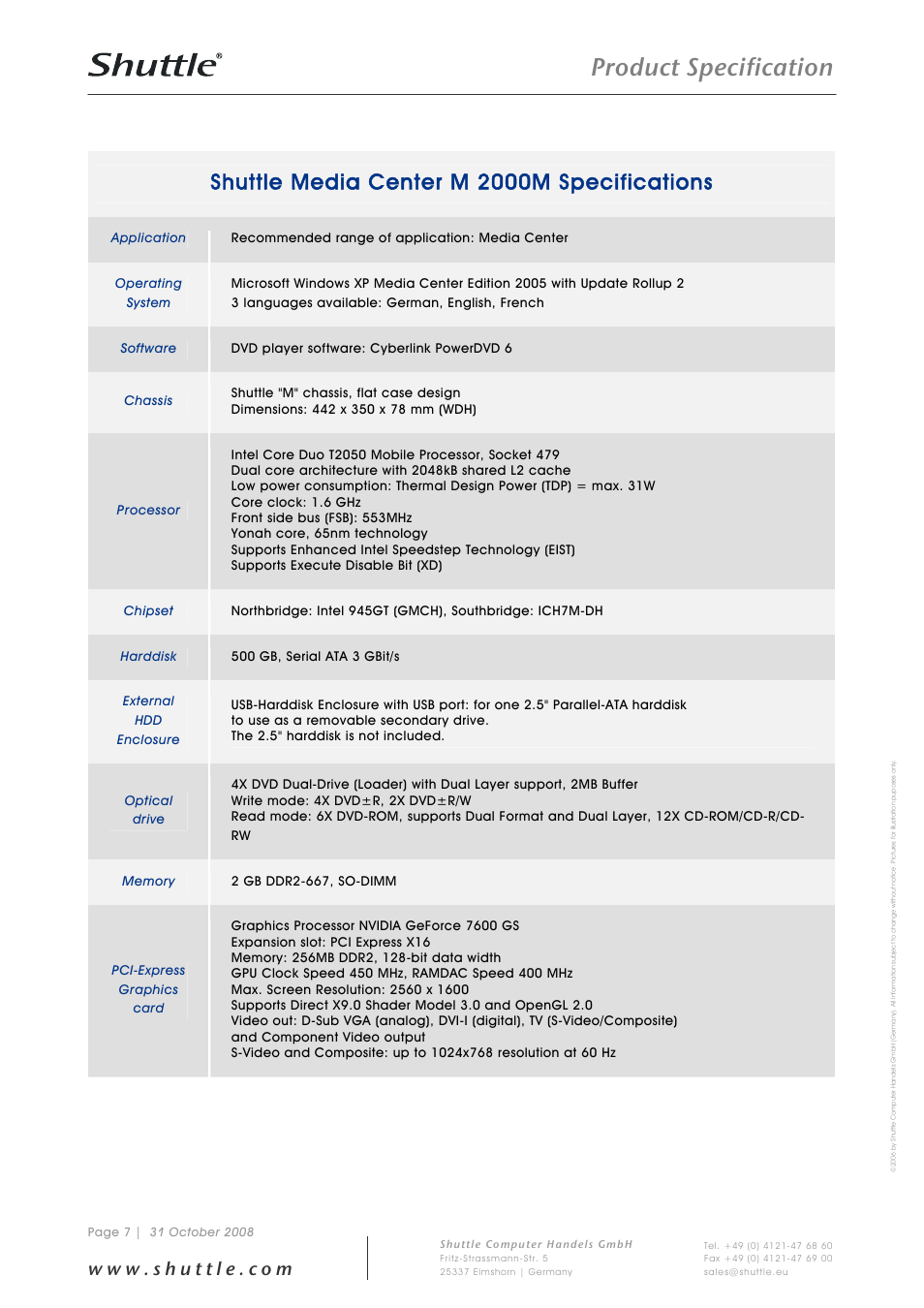 Product specification, Shuttle media center m 2000m specifications | Shuttle Computer Group Shuttle Media Center M 2000M User Manual | Page 7 / 9