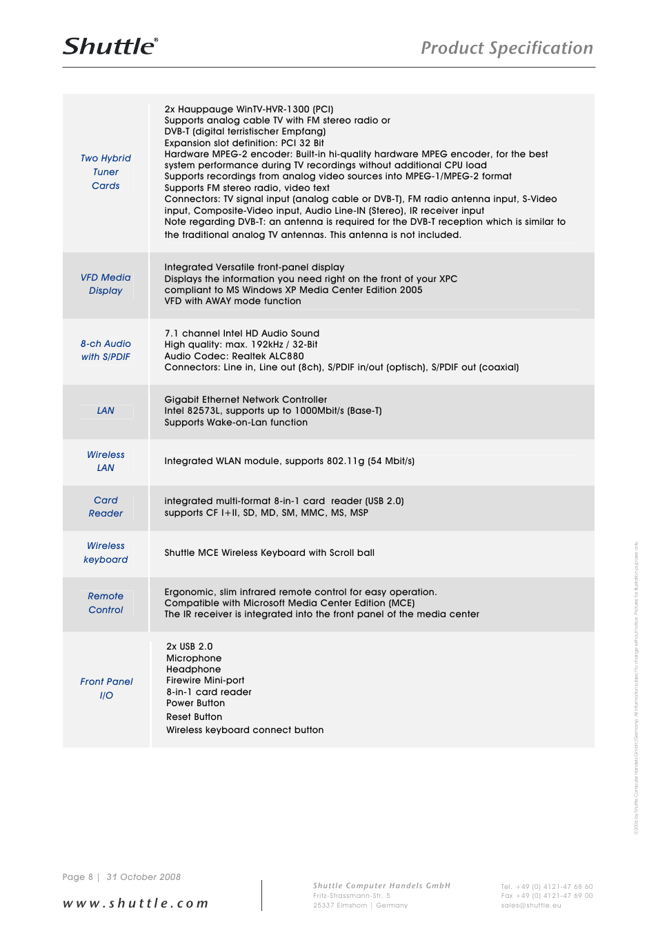 Product specification | Shuttle Computer Group Shuttle Media Center M 2000M User Manual | Page 8 / 9