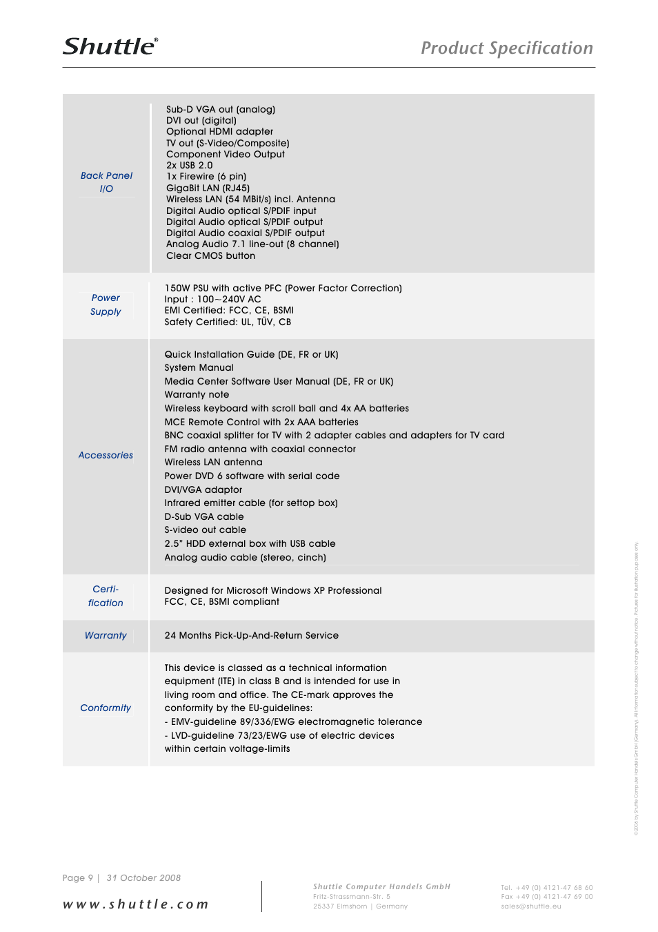 Product specification | Shuttle Computer Group Shuttle Media Center M 2000M User Manual | Page 9 / 9