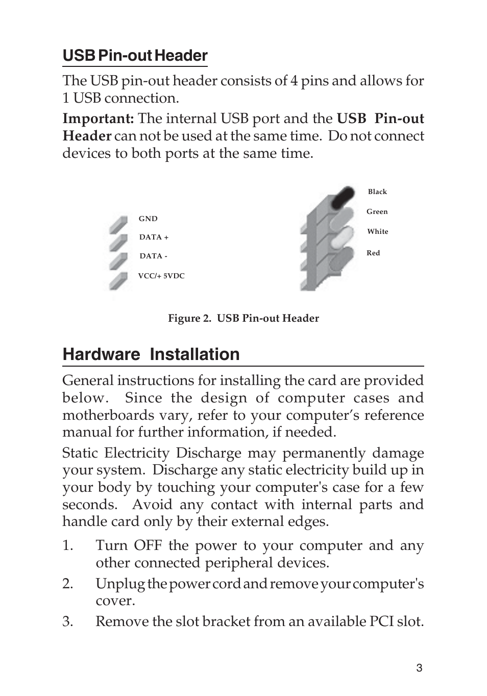 Hardware installation, Usb pin-out header | SIIG 04-0444A User Manual | Page 3 / 8