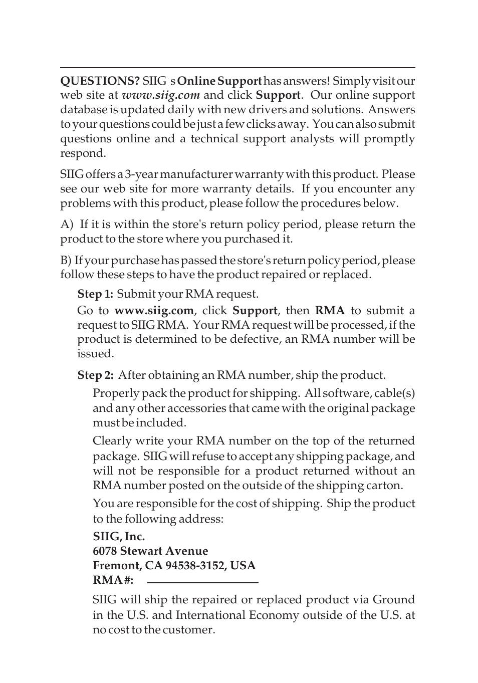 Technical support and warranty | SIIG 1X4 HDMI 1.3 CAT5E User Manual | Page 7 / 8