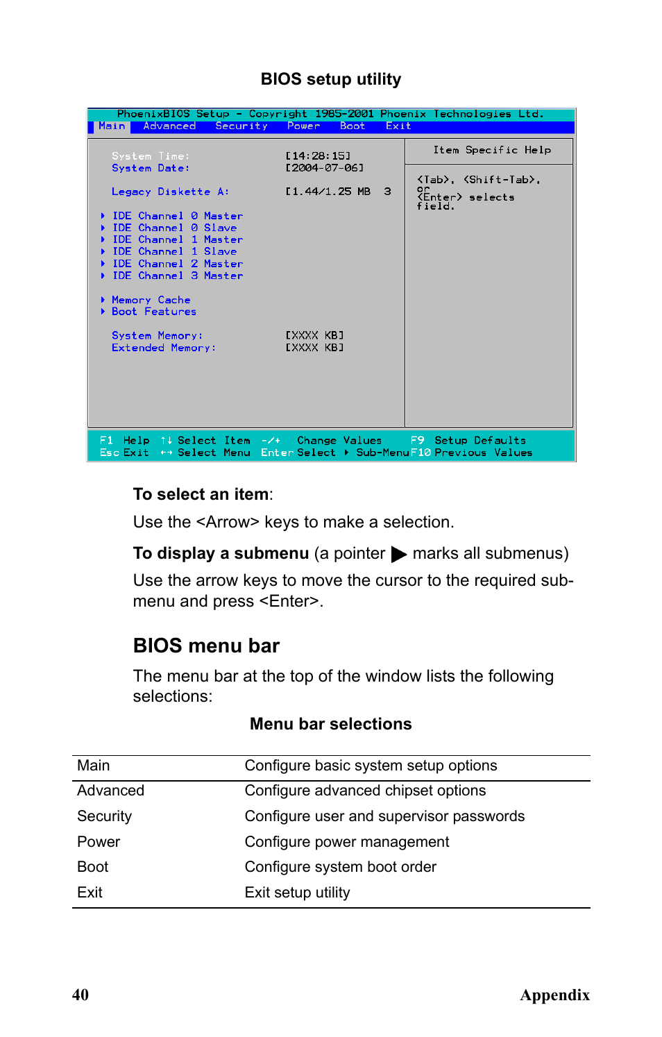 Bios setup utility, Menu bar selections, Bios menu bar | SIIG Transport GX21 B5350 User Manual | Page 46 / 70