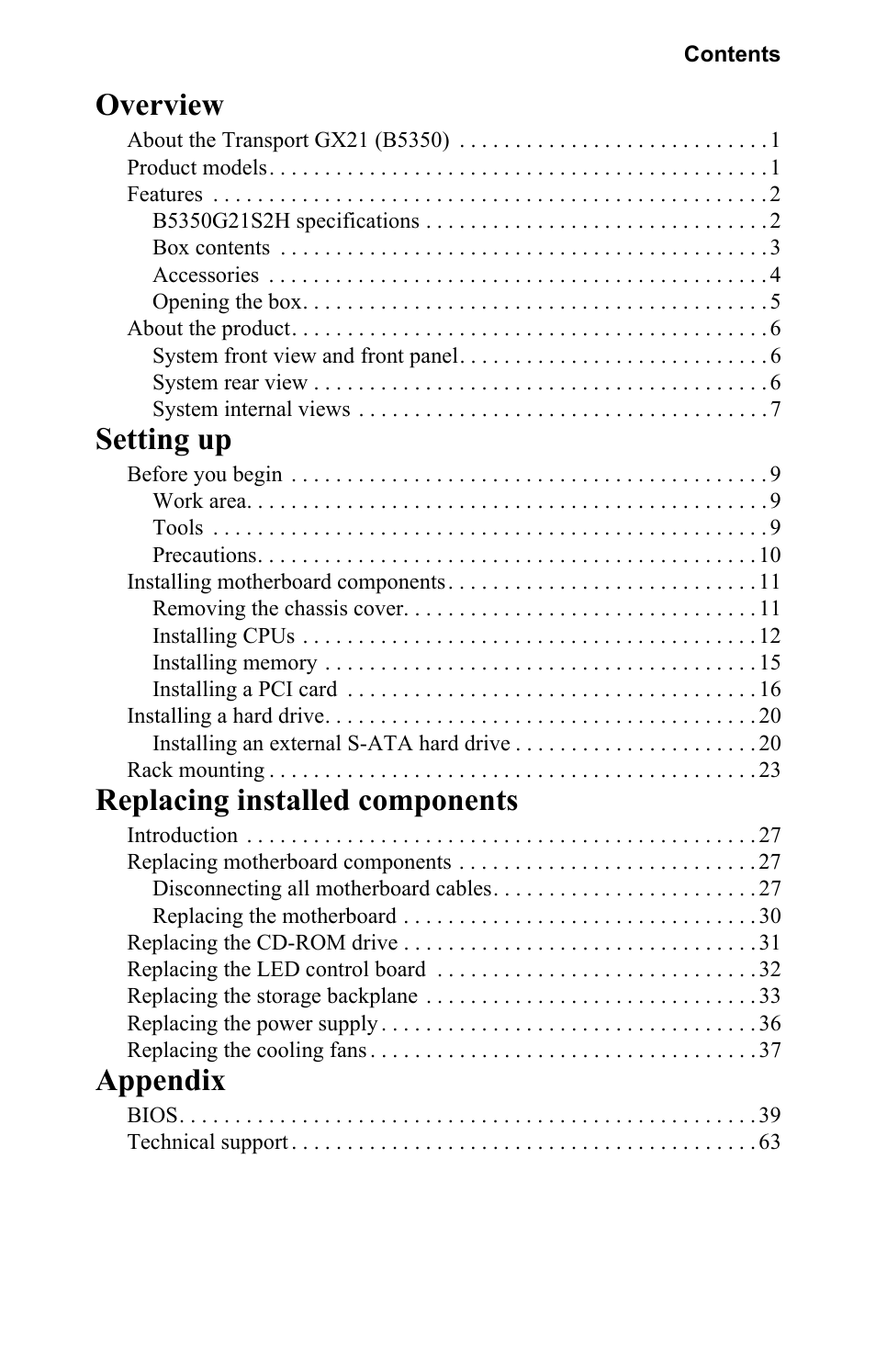 Overview, Setting up, Replacing installed components | Appendix | SIIG Transport GX21 B5350 User Manual | Page 6 / 70