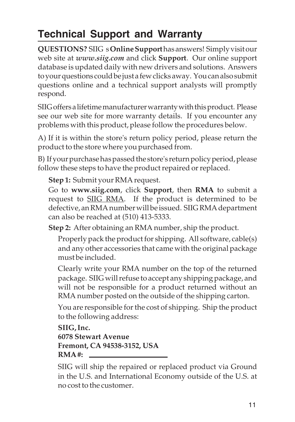 Technical support and warranty | SIIG 800 User Manual | Page 11 / 12