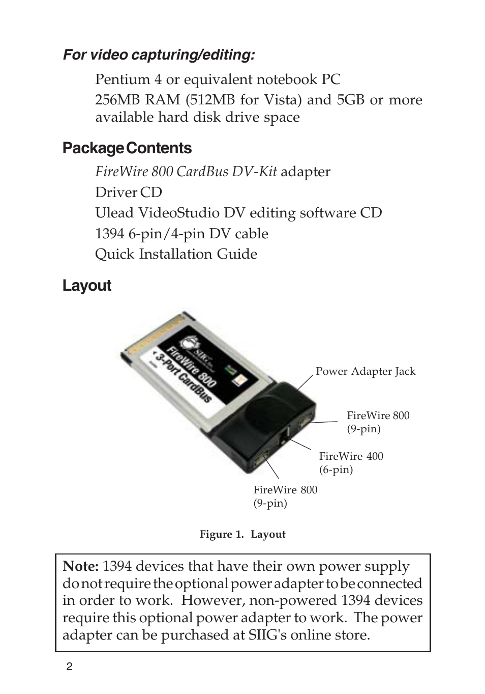 Package contents, Layout | SIIG 800 User Manual | Page 2 / 12