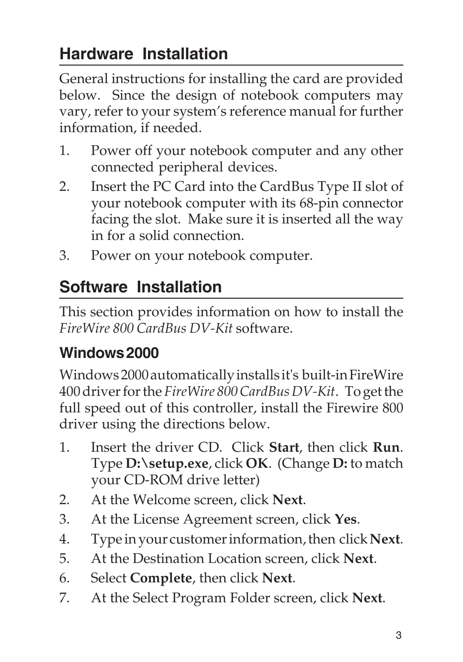 Hardware installation, Software installation | SIIG 800 User Manual | Page 3 / 12