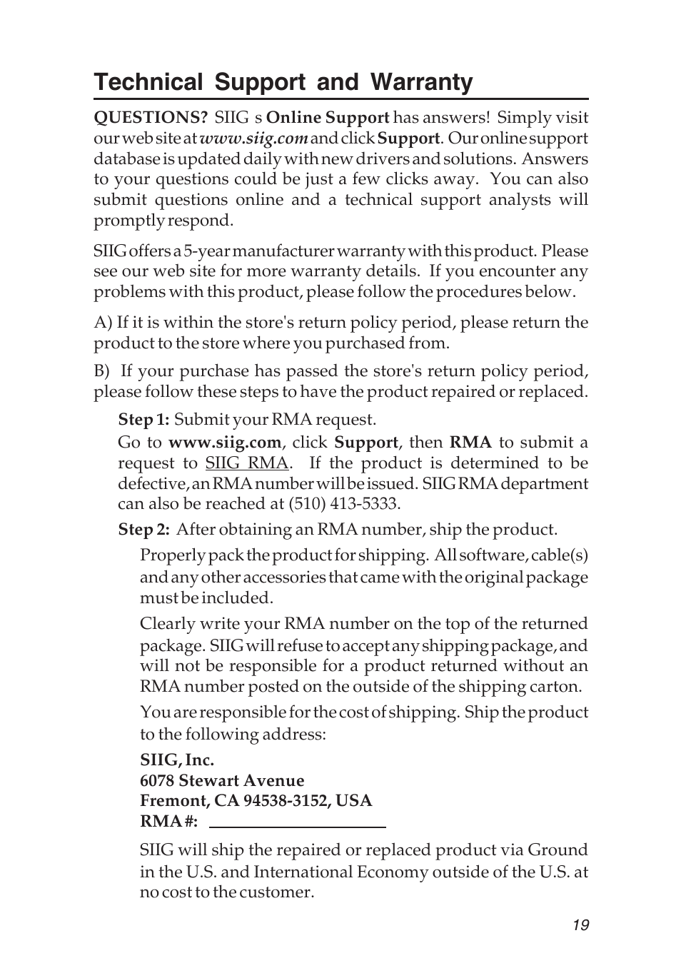 Technical support and warranty | SIIG 5.1 User Manual | Page 19 / 20
