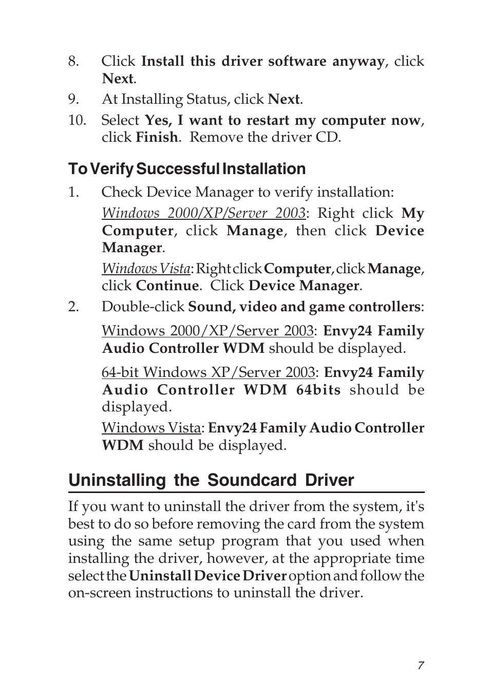 Uninstalling the soundcard driver | SIIG 5.1 User Manual | Page 7 / 20